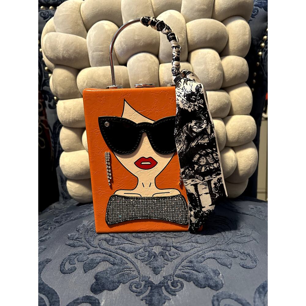 Orange Top Snap Vintage Woman's Silhouette Bag with Scarf